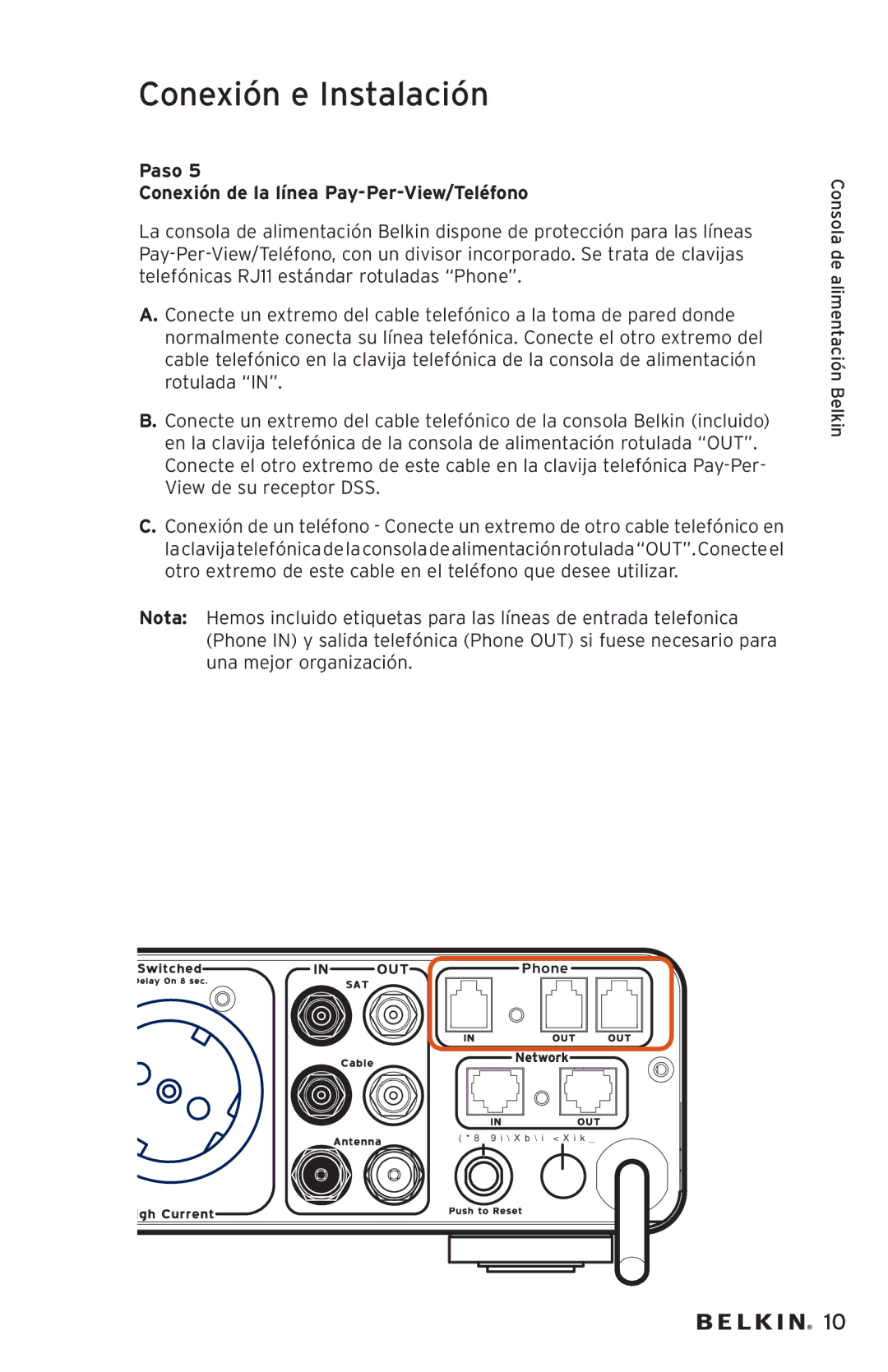 Belkin AP20500EA3M-BLK user manual Paso Conexión de la línea Pay-Per-View/Teléfono 