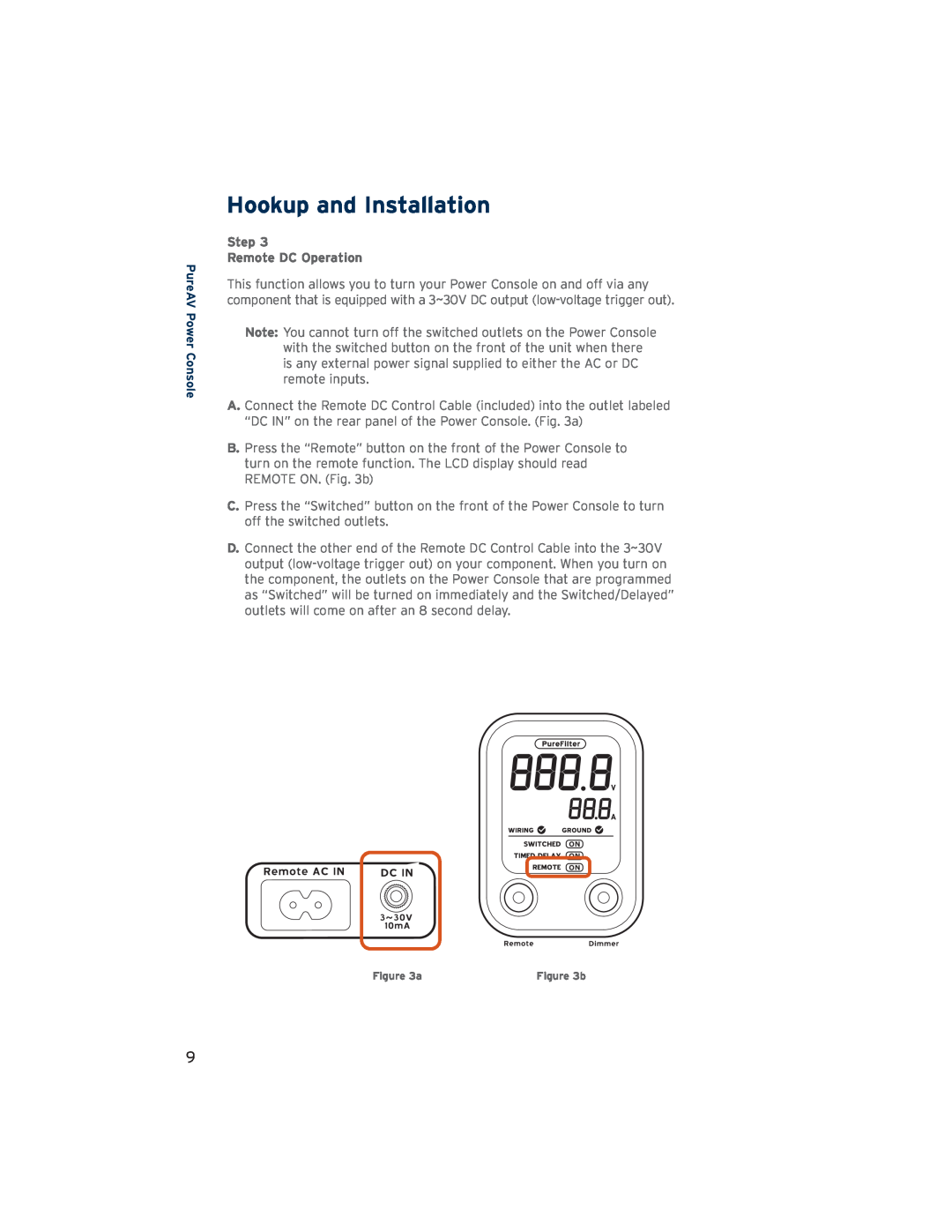 Belkin AP21300-12 user manual Step Remote DC Operation, Hookup and Installation, PureAV Power Console 