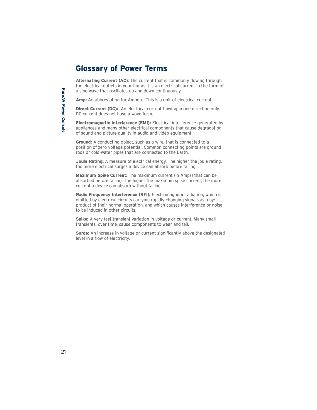 Belkin AP21300-12 user manual Glossary of Power Terms, PureAV Power Console 