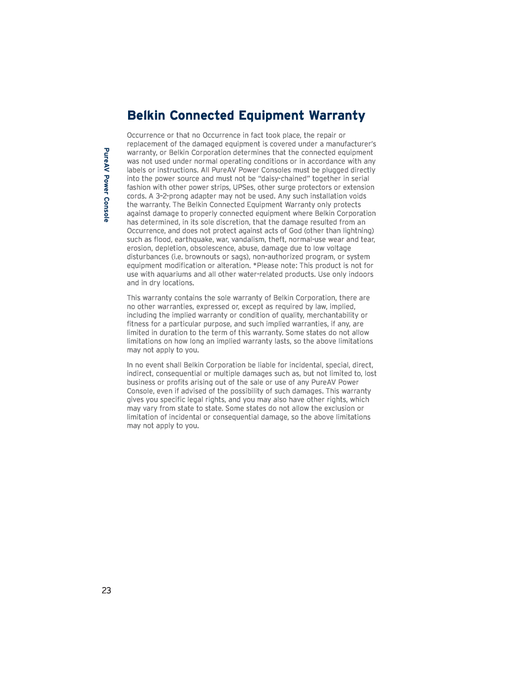 Belkin AP21300-12 user manual Belkin Connected Equipment Warranty, PureAV Power Console 