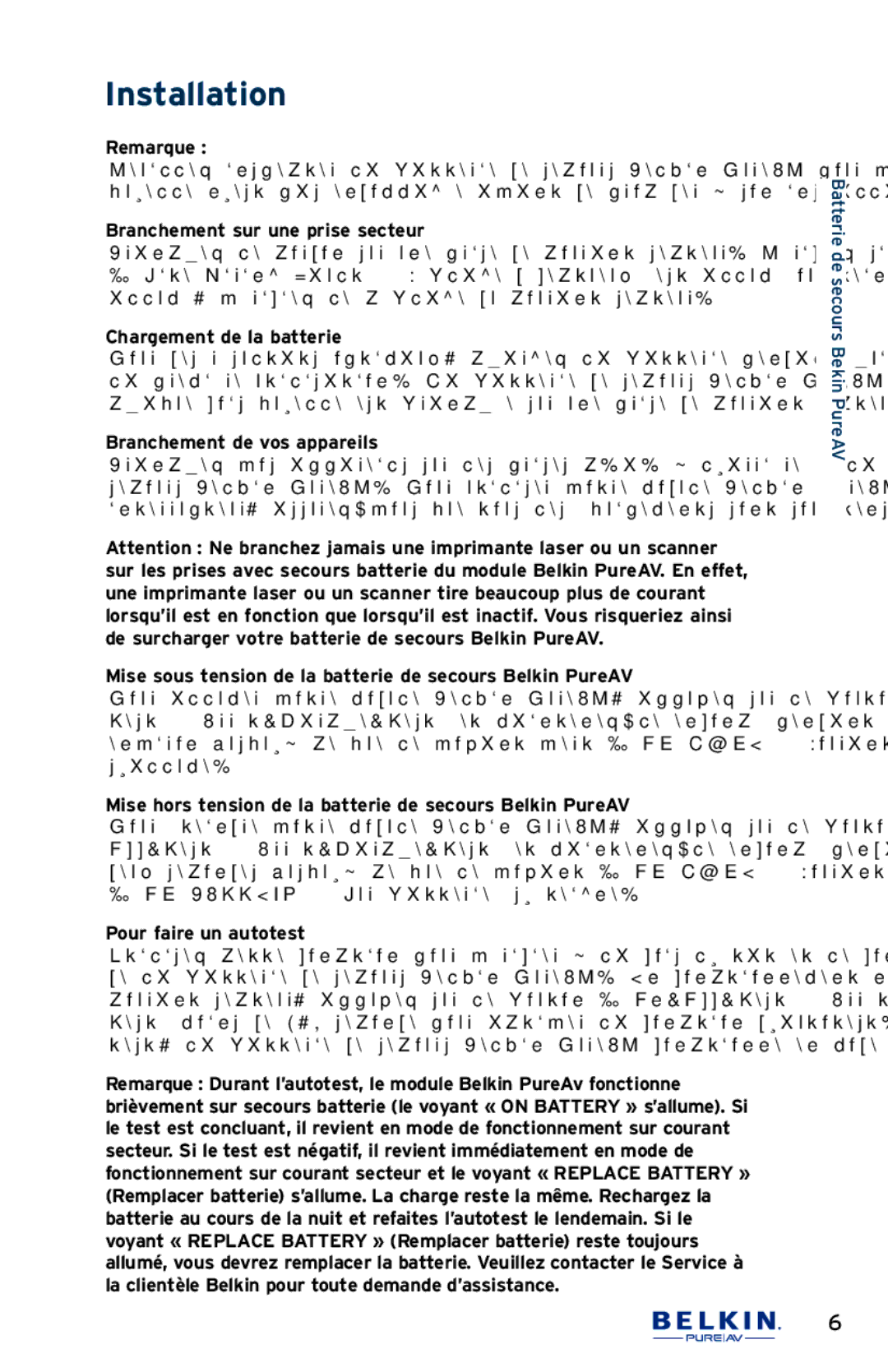 Belkin AP30800fc10-BLK Remarque, Branchement sur une prise secteur, Chargement de la batterie, Pour faire un autotest 