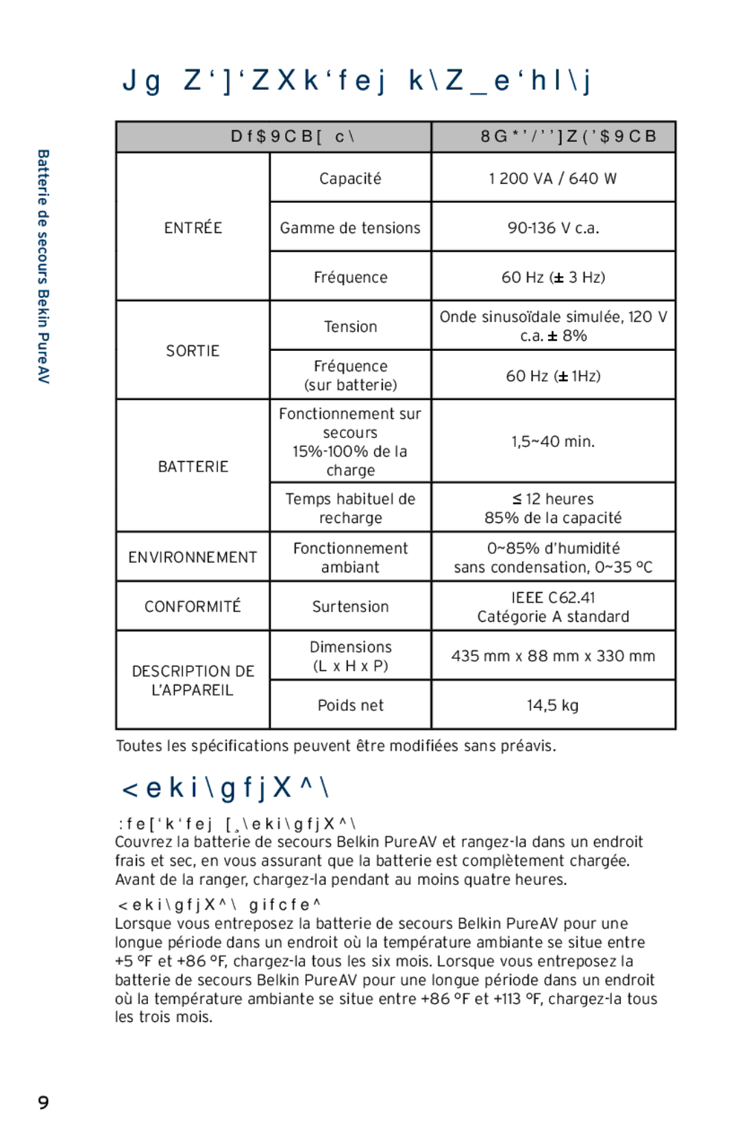 Belkin user manual Spécifications techniques, Entreposage, Mo-BLKdèle AP30800fc10-BLK, Conditions d’entreposage 