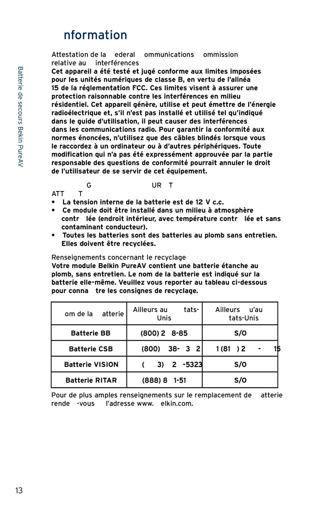 Belkin AP30800fc10-BLK user manual Consignes DE Sécurité, Renseignements concernant le recyclage 