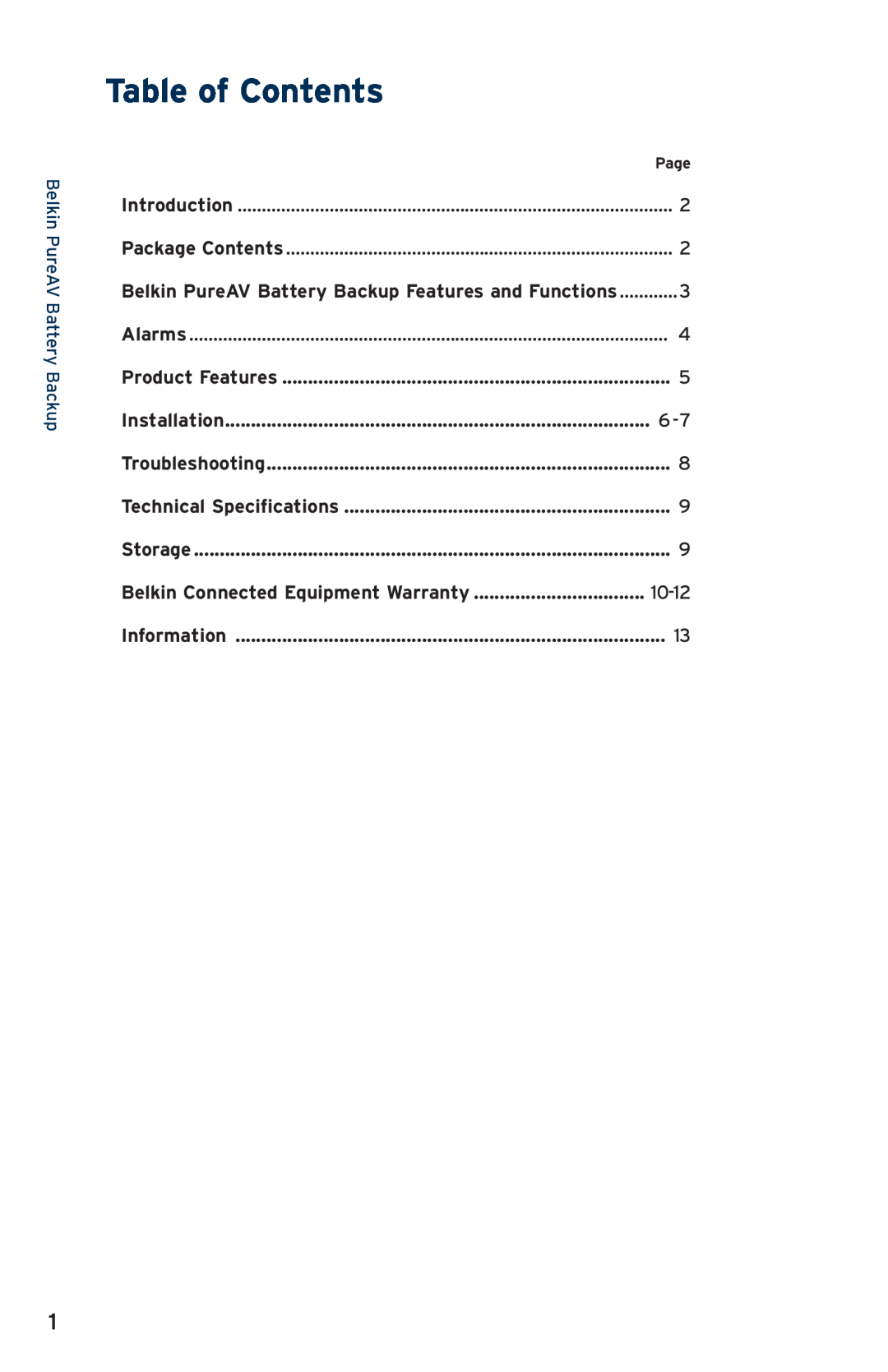 Belkin AP30800fc10-BLK Table of Contents, Belkin PureAV Battery Backup, Installation, Belkin Connected Equipment Warranty 