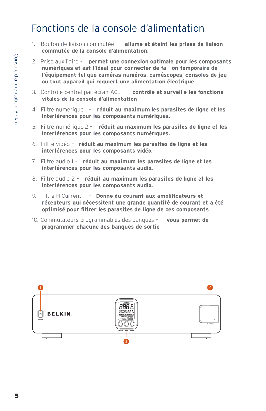 Belkin AP41300fc12-BLK user manual Fonctions de la console d’alimentation 