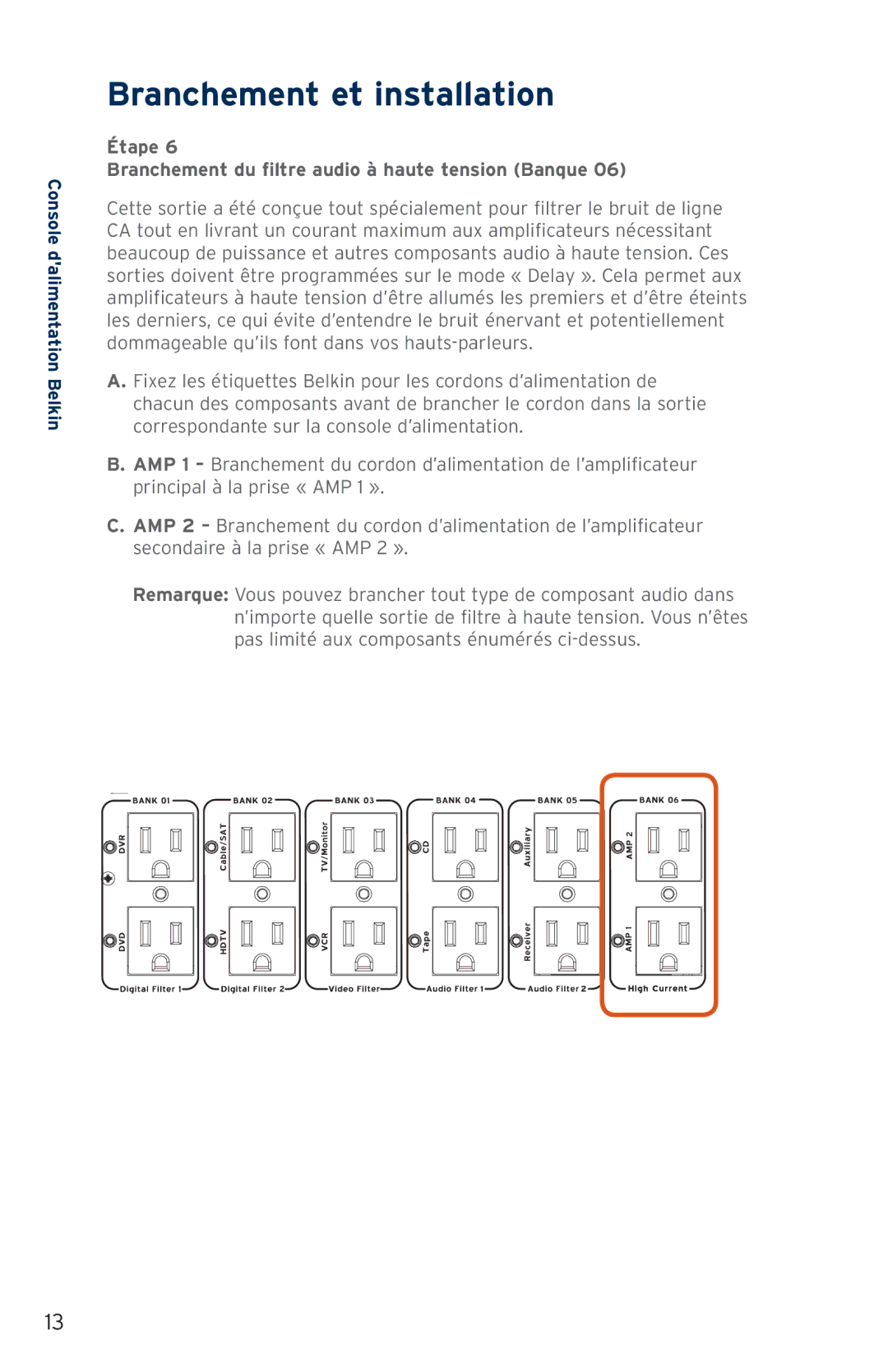 Belkin AP41300fc12-BLK user manual Étape Branchement du filtre audio à haute tension Banque 