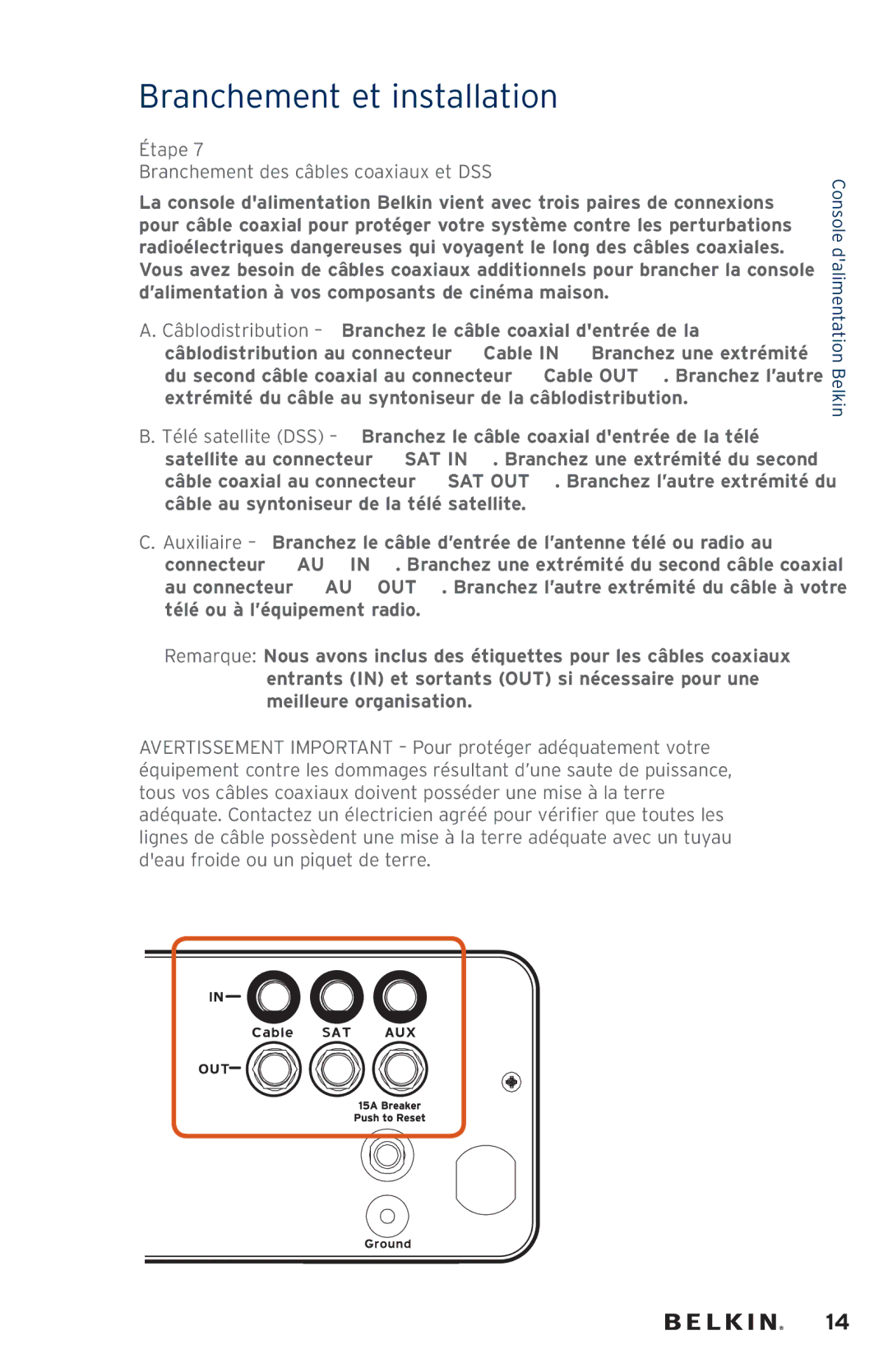 Belkin AP41300fc12-BLK user manual Étape Branchement des câbles coaxiaux et DSS 