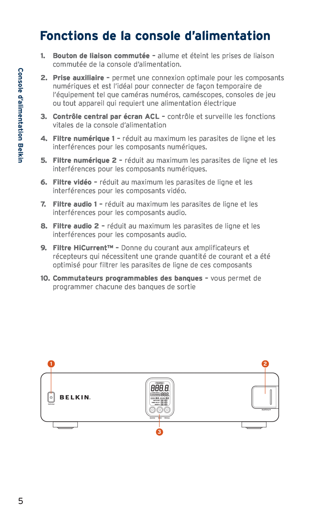Belkin AP41300fc12-BLK user manual Fonctions de la console d’alimentation, Console d’alimentation Belkin 