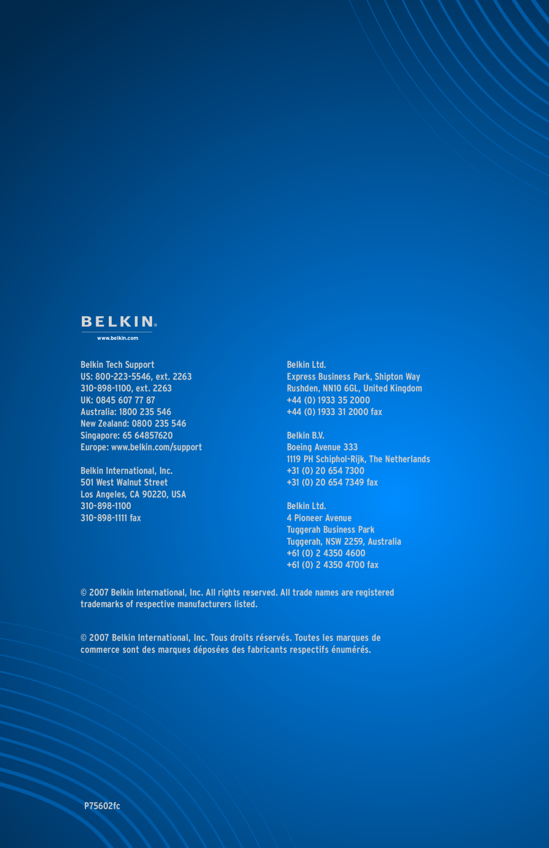 Belkin AP41300fc12-BLK user manual Belkin Tech Support 