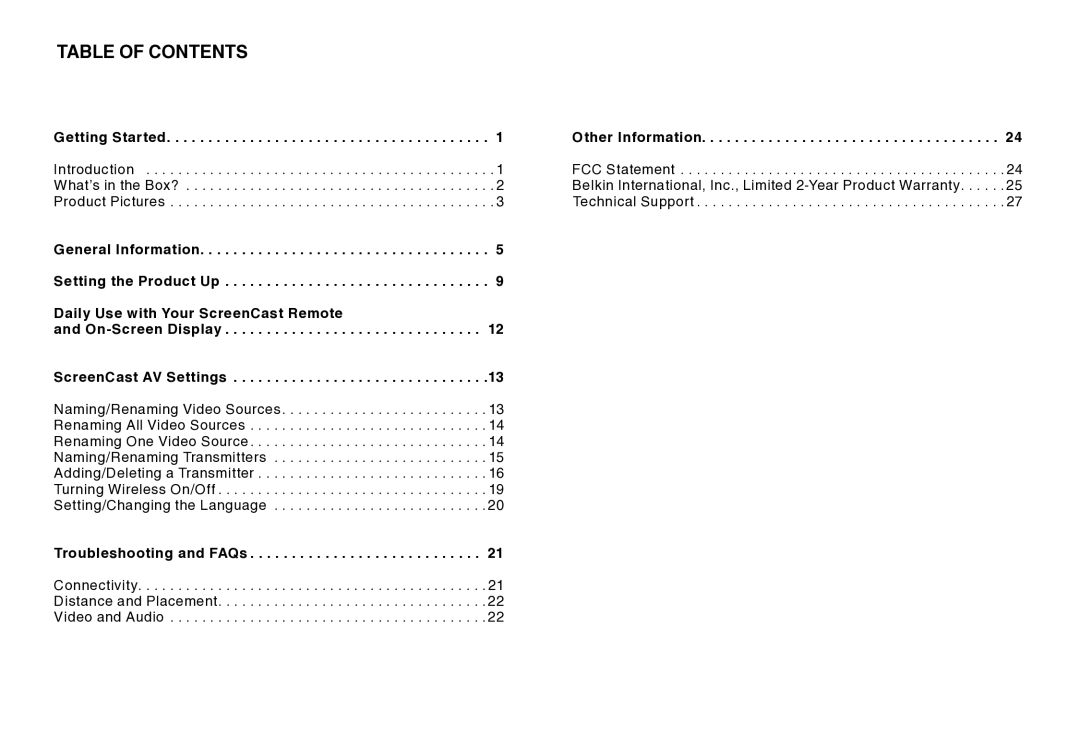 Belkin AV4 user manual Table Of Contents 