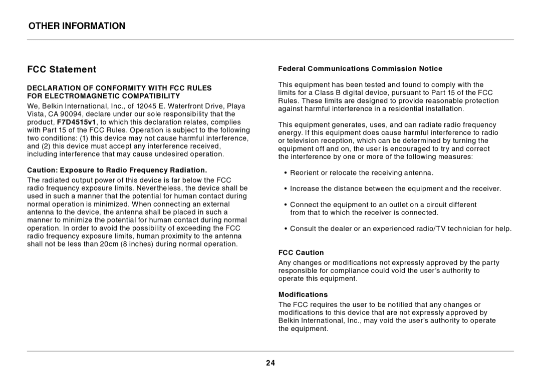 Belkin AV4 Other Information FCC Statement, Federal Communications Commission Notice, FCC Caution, Modifications 