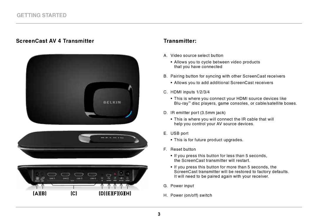 Belkin AV4 user manual ScreenCast AV 4 Transmitter, Defgh 