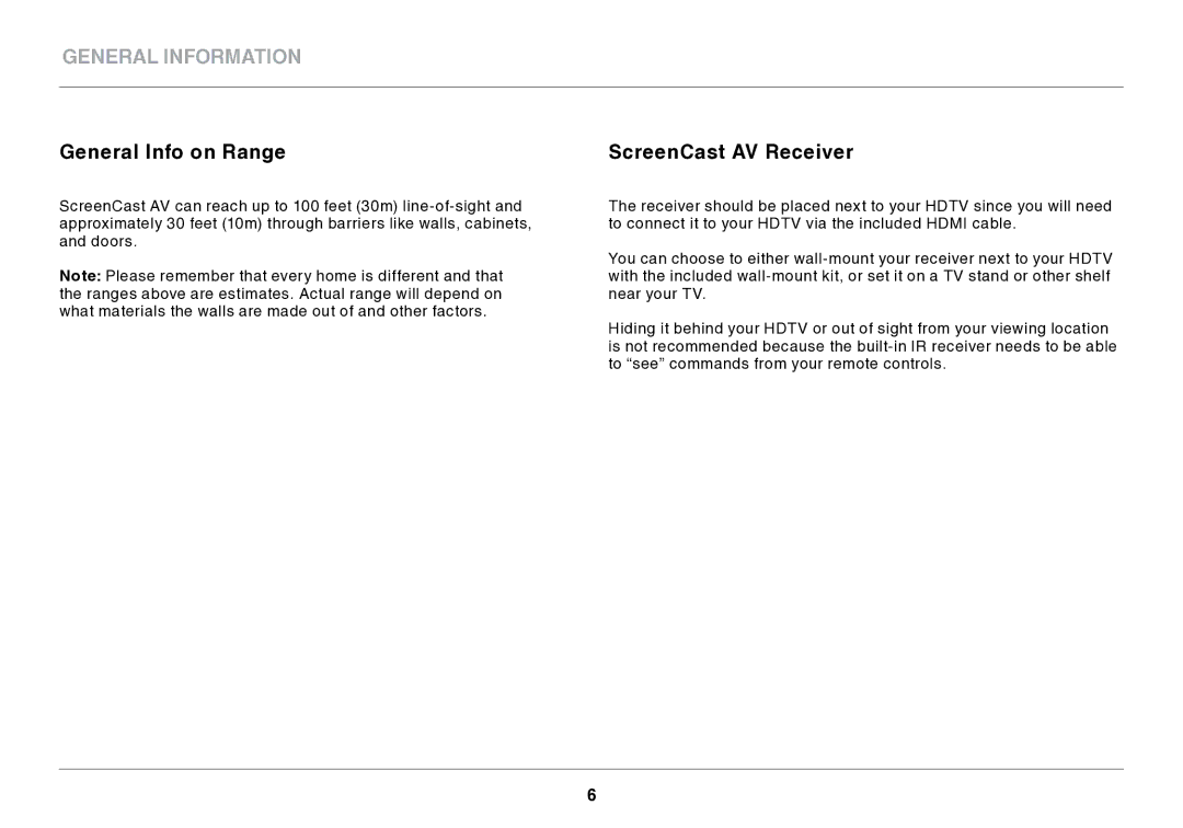 Belkin AV4 user manual General Information, General Info on Range, ScreenCast AV Receiver 