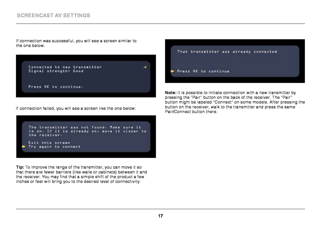 Belkin AV4 user manual ScreenCast AV Settings, If connection failed, you will see a screen like the one below 