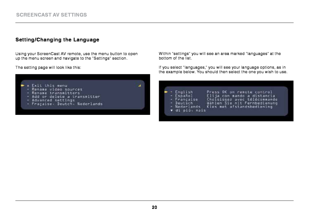 Belkin AV4 user manual Setting/Changing the Language, ScreenCast AV Settings 