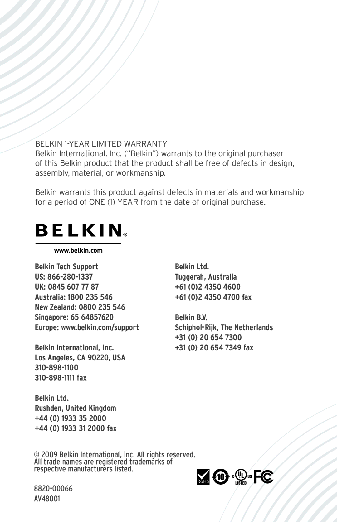 Belkin AV48001 user manual Belkin Tech Support Tuggerah, Australia UK 0845 607 77 