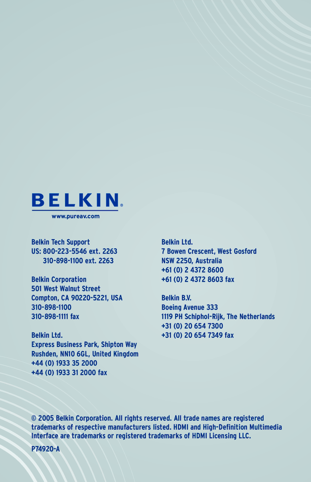 Belkin AV62400-16, AV62400-08, AV62300-16, AV62300-08, AV61400-08, AV61400-16 Belkin Tech Support US 800-223-5546 ext 