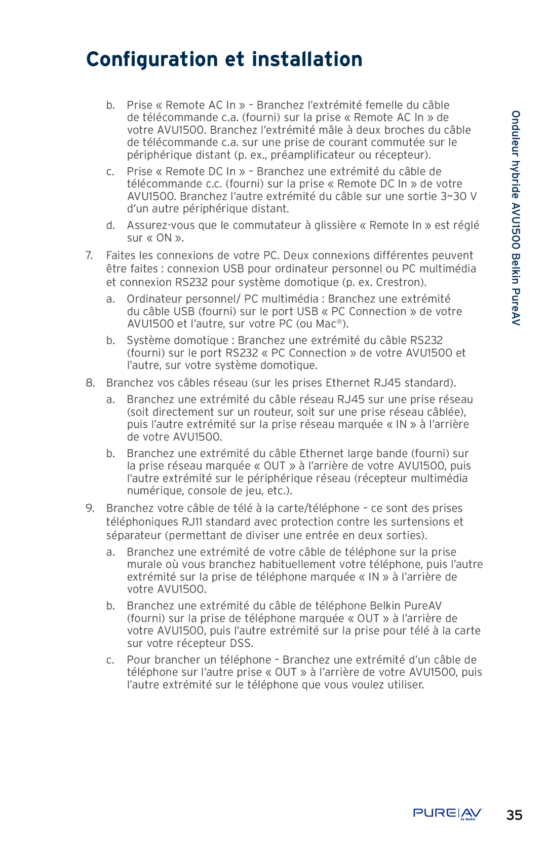 Belkin AP51300fc10-BLK, AVU1500 user manual Configuration et installation 