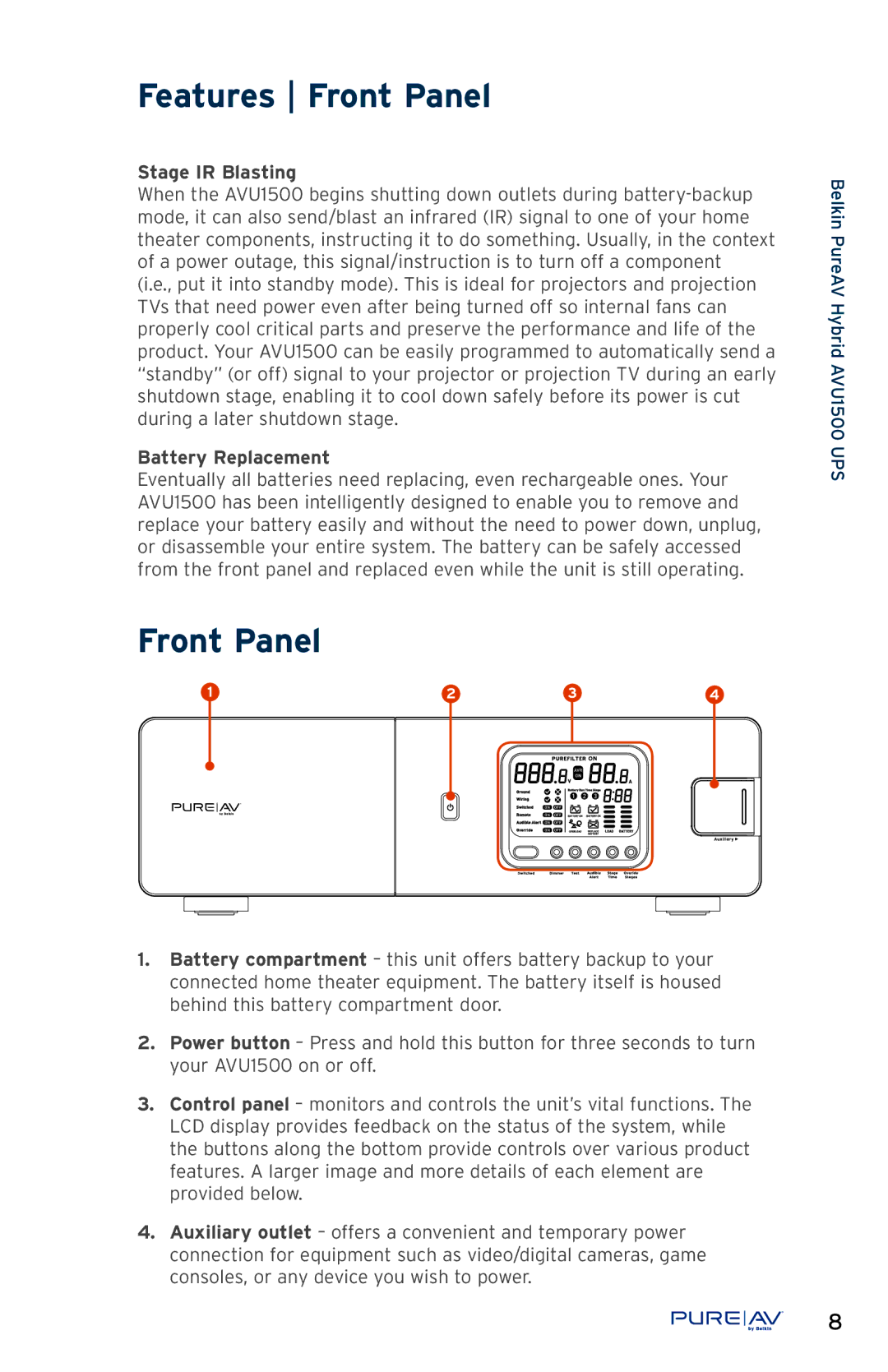 Belkin AP51300fc10-BLK, AVU1500 user manual Features Front Panel, Stage IR Blasting, Battery Replacement 