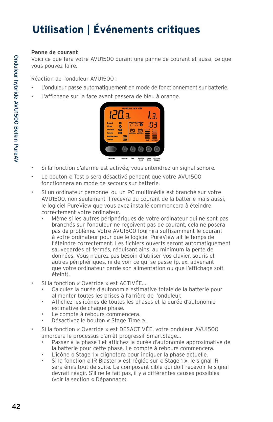 Belkin AVU1500, AP51300fc10-BLK user manual Utilisation Événements critiques, Panne de courant 