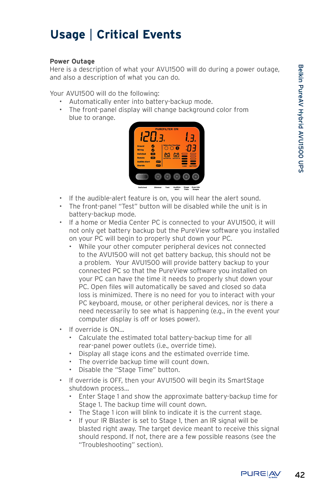 Belkin AP51300fc10-BLK, AVU1500 user manual Usage Critical Events, Power Outage 