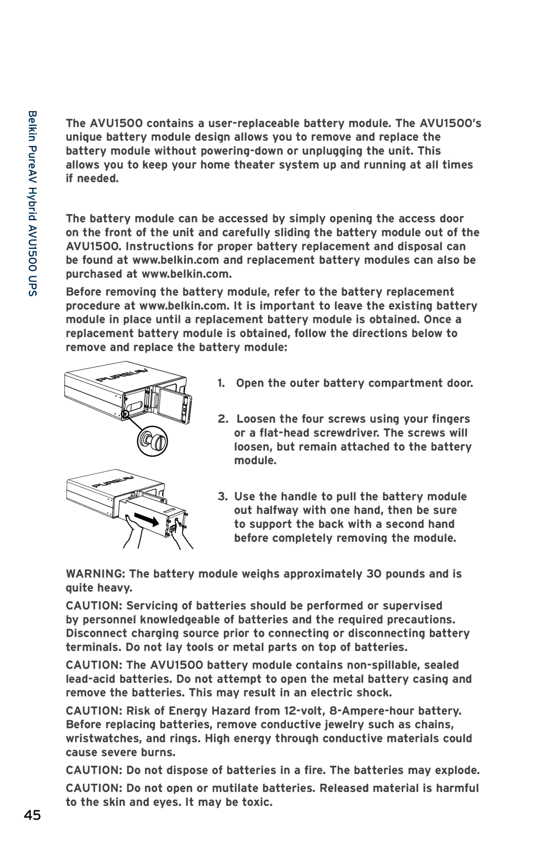 Belkin AVU1500, AP51300fc10-BLK user manual Care and Maintenance, Hot-Swappable Battery Module 