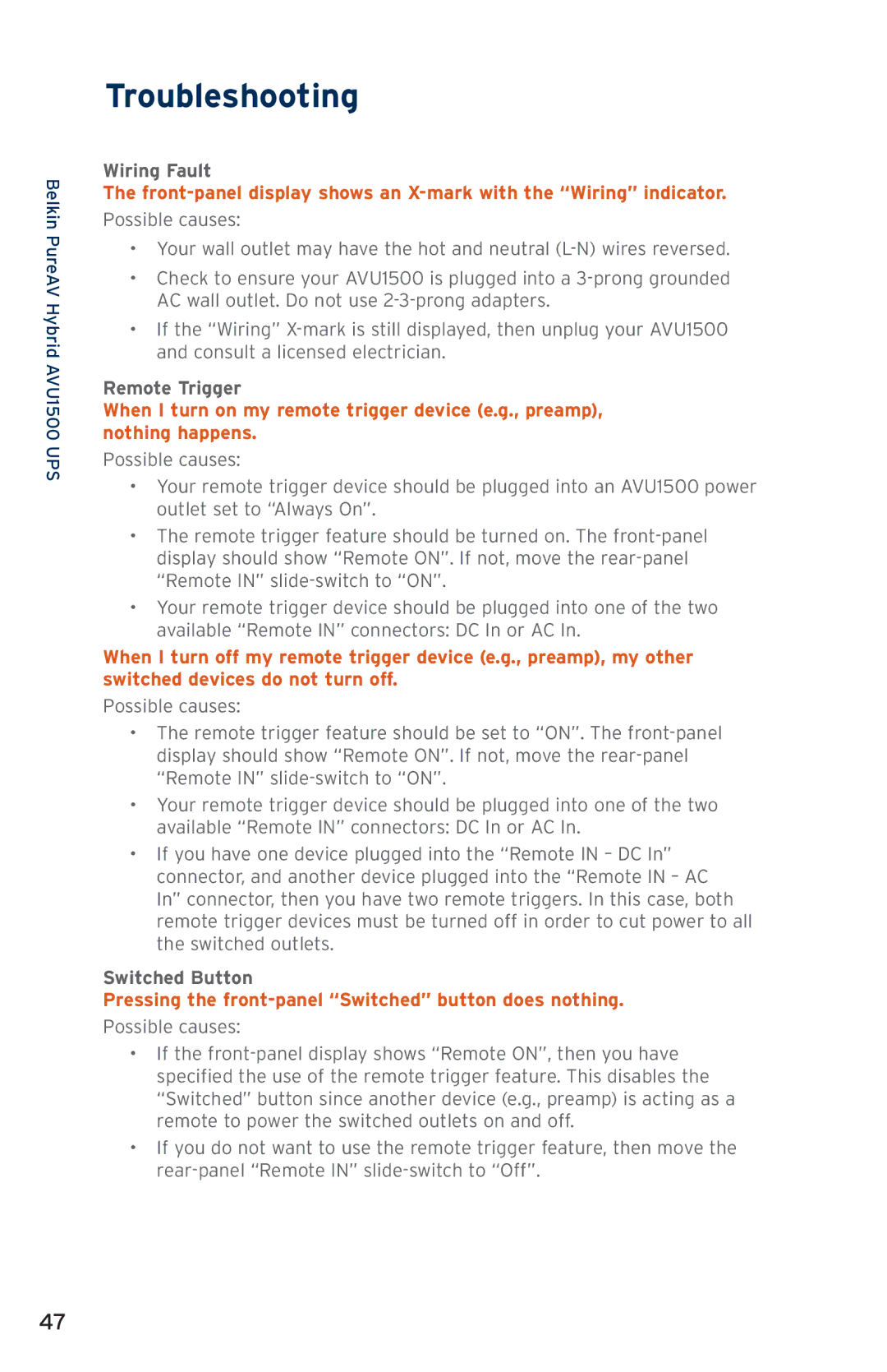 Belkin AVU1500, AP51300fc10-BLK user manual Wiring Fault, Remote Trigger, Switched Button 