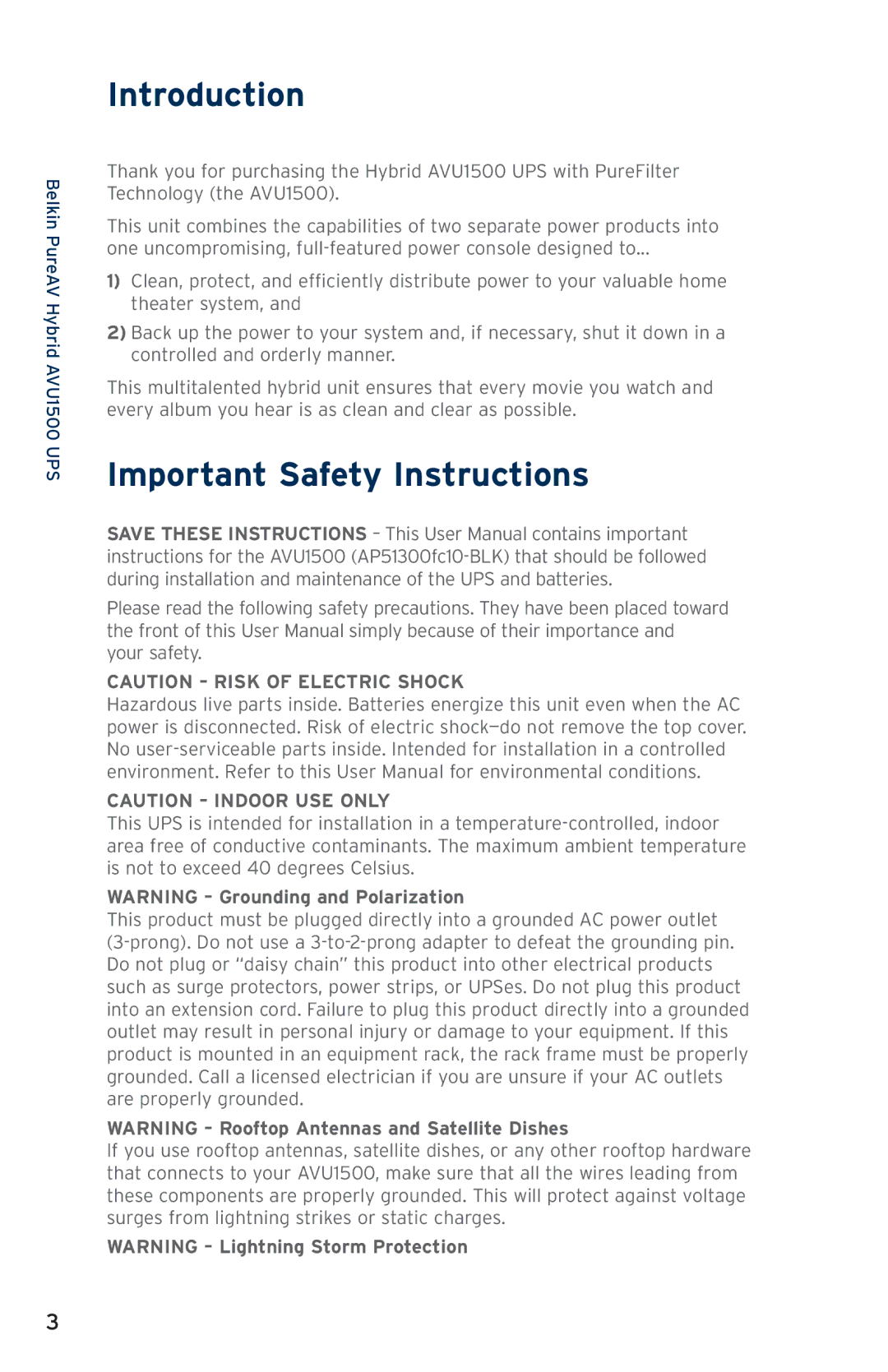 Belkin AVU1500, AP51300fc10-BLK user manual Introduction, Important Safety Instructions 