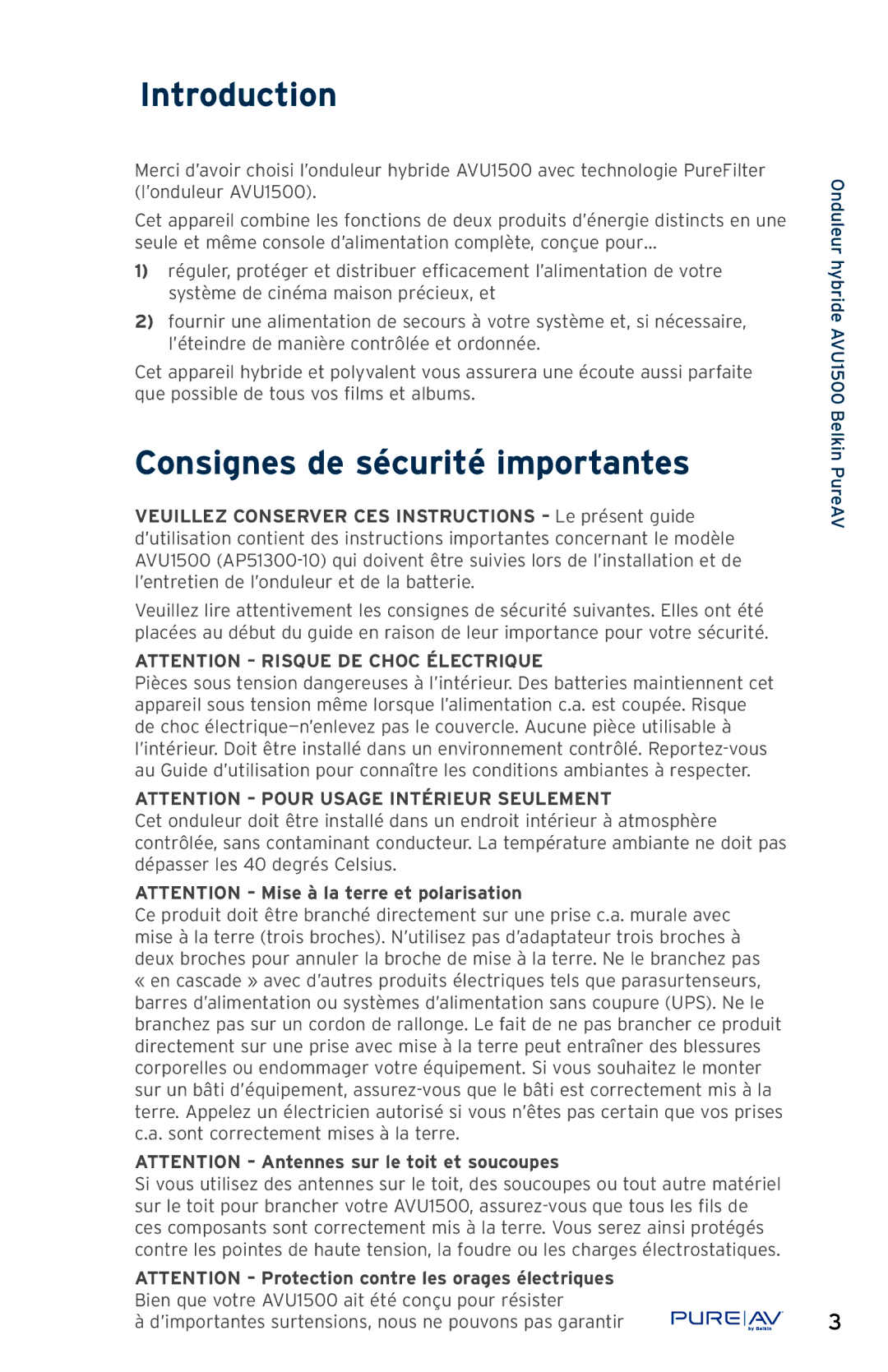 Belkin AP51300fc10-BLK, AVU1500 user manual Introduction, Consignes de sécurité importantes 