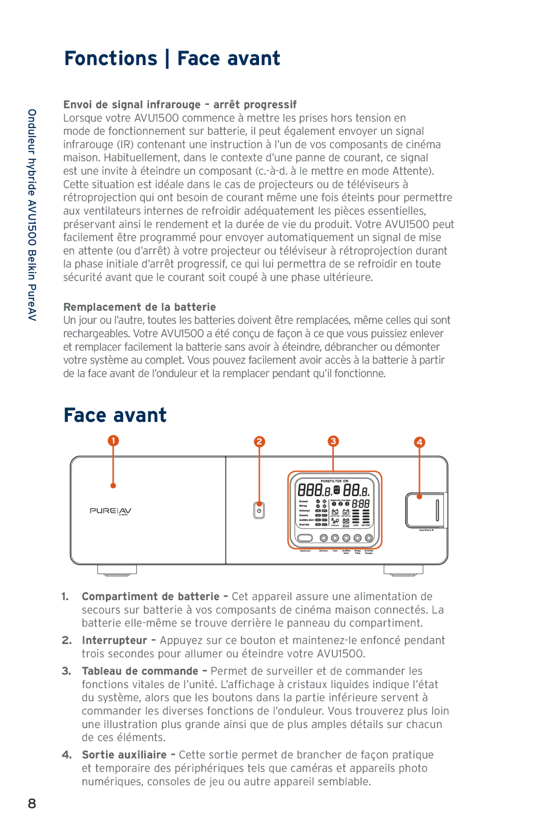 Belkin AVU1500 user manual Fonctions Face avant, Envoi de signal infrarouge arrêt progressif, Remplacement de la batterie 