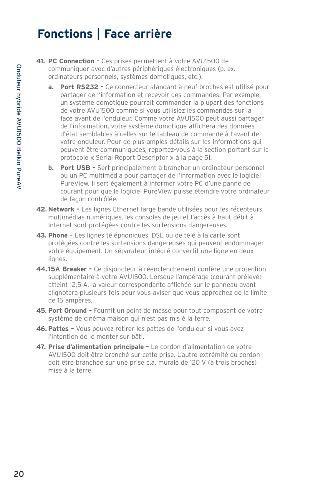 Belkin AVU1500, AP51300fc10-BLK user manual Fonctions Face arrière 