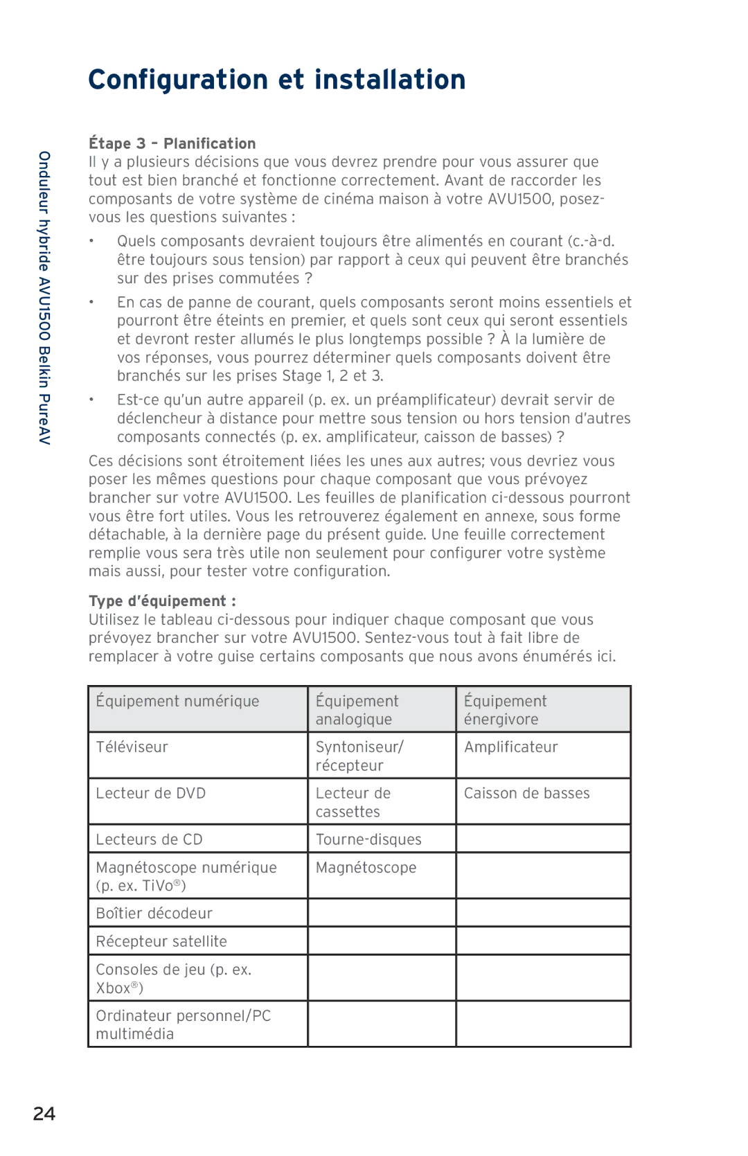 Belkin AVU1500, AP51300fc10-BLK user manual Étape 3 Planification, Type d’équipement 