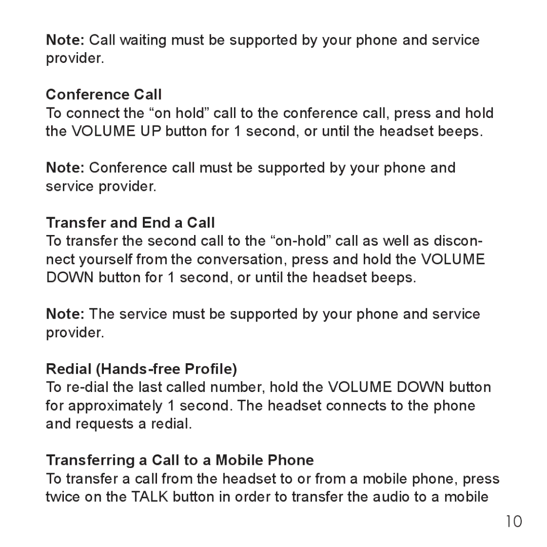 Belkin B3 Conference Call, Transfer and End a Call, Redial Hands-free Profile, Transferring a Call to a Mobile Phone 