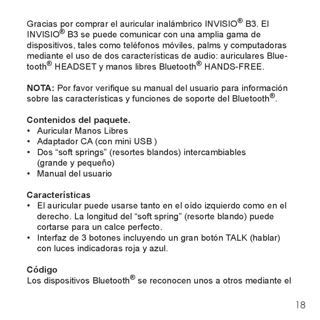 Belkin B3 user manual Contenidos del paquete, Características, Código 