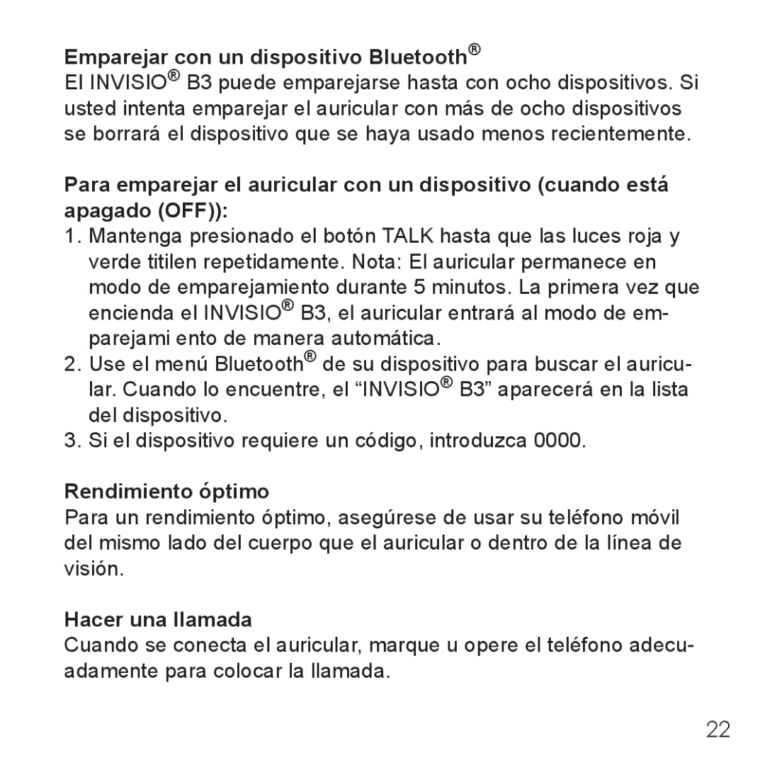 Belkin B3 user manual Emparejar con un dispositivo Bluetooth, Rendimiento óptimo, Hacer una llamada 