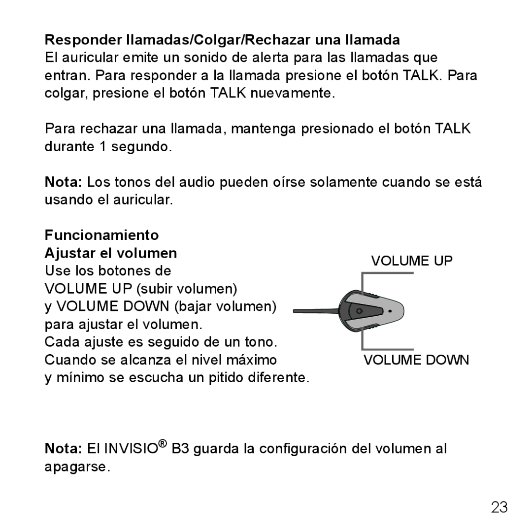 Belkin B3 user manual Responder llamadas/Colgar/Rechazar una llamada, Funcionamiento Ajustar el volumen 