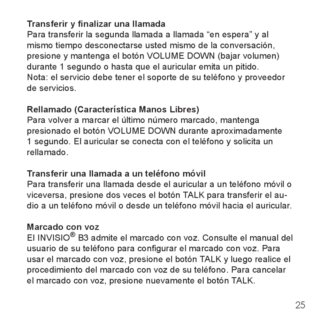 Belkin B3 user manual Transferir y finalizar una llamada, Rellamado Característica Manos Libres, Marcado con voz 