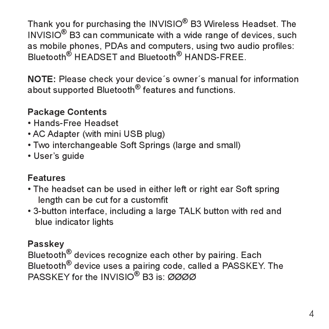 Belkin B3 user manual Package Contents, Features, Passkey 