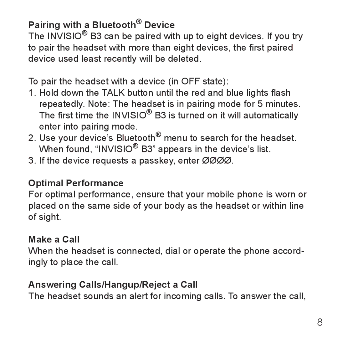 Belkin B3 Pairing with a Bluetooth Device, Optimal Performance, Make a Call, Answering Calls/Hangup/Reject a Call 