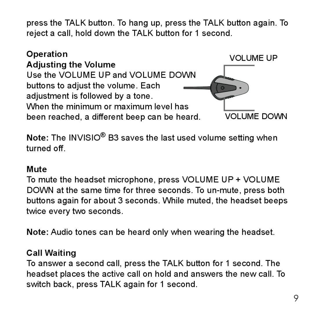 Belkin B3 user manual Operation Adjusting the Volume, Mute, Call Waiting 