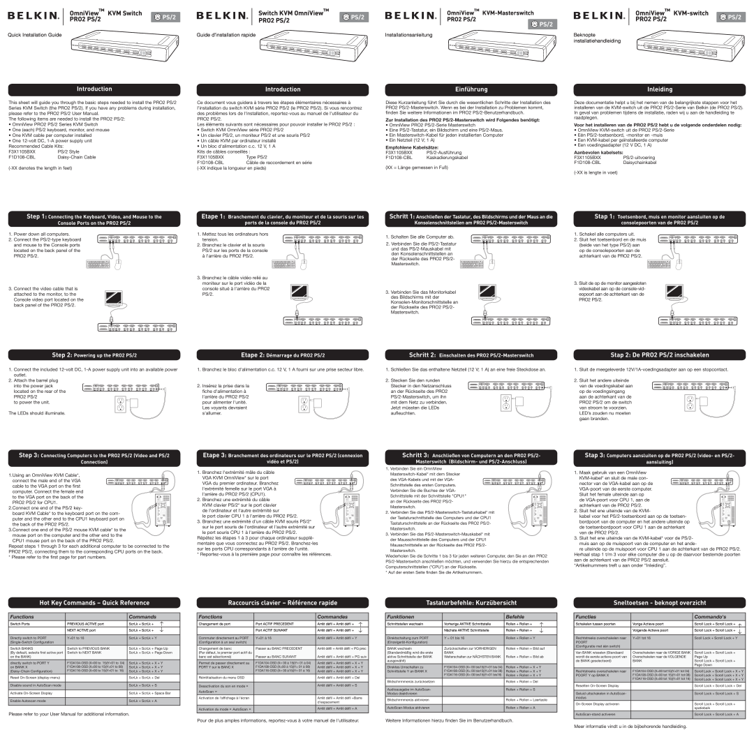 Belkin belkin manual Introduction, Einführung, Inleiding, Stap 2 De PRO2 PS/2 inschakelen, Tastaturbefehle Kurzübersicht 