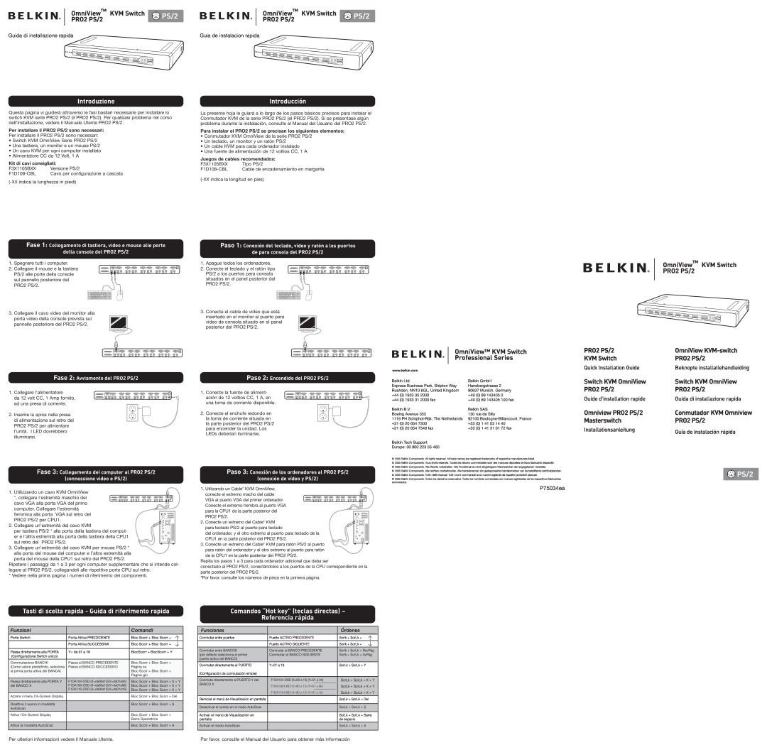 Belkin belkin manual Introduzione, Introducción, Tasti di scelta rapida - Guida di riferimento rapida, PS/2 