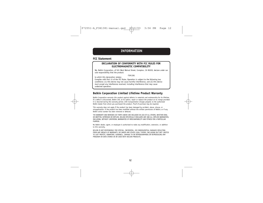Belkin belkin user manual Information, FCC Statement, Belkin Corporation Limited Lifetime Product Warranty 