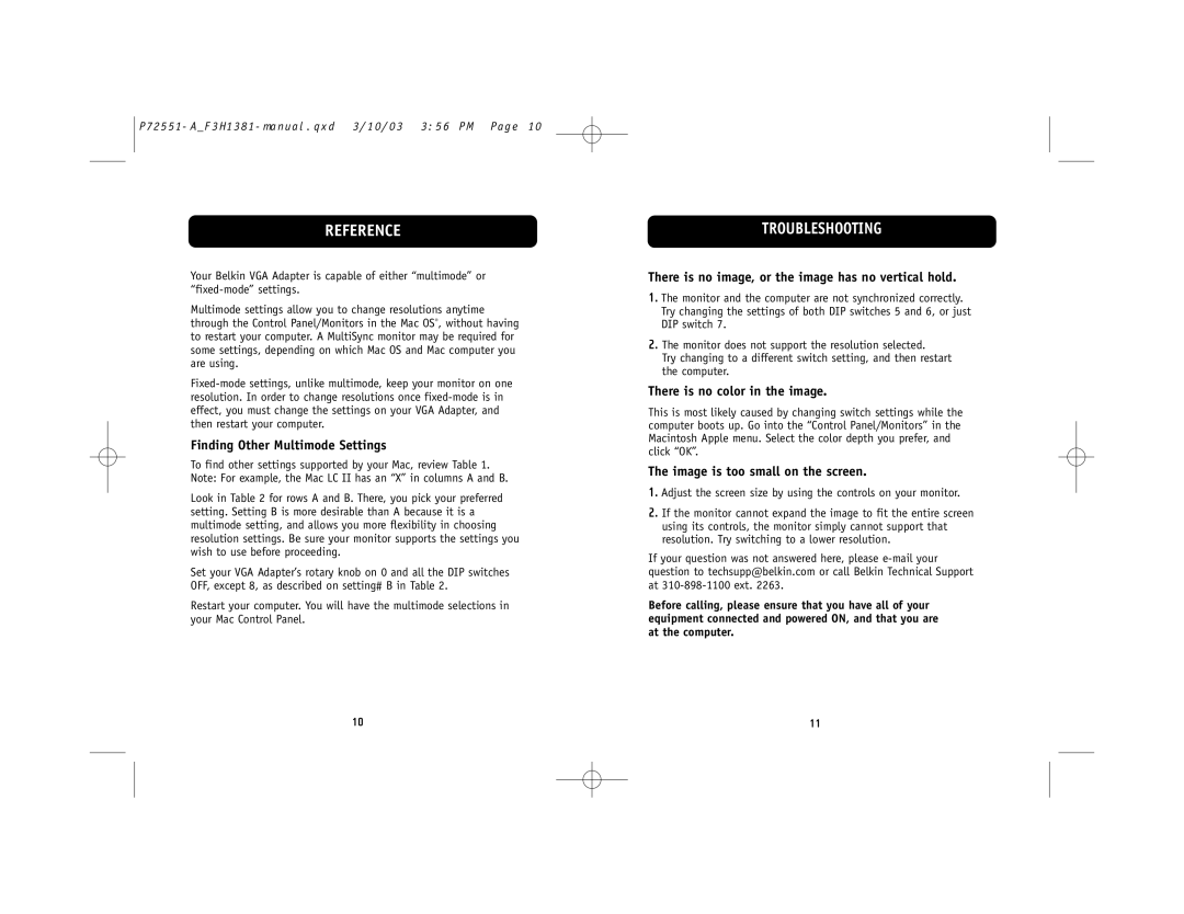 Belkin belkin user manual Reference, Finding Other Multimode Settings, There is no image, or the image has no vertical hold 