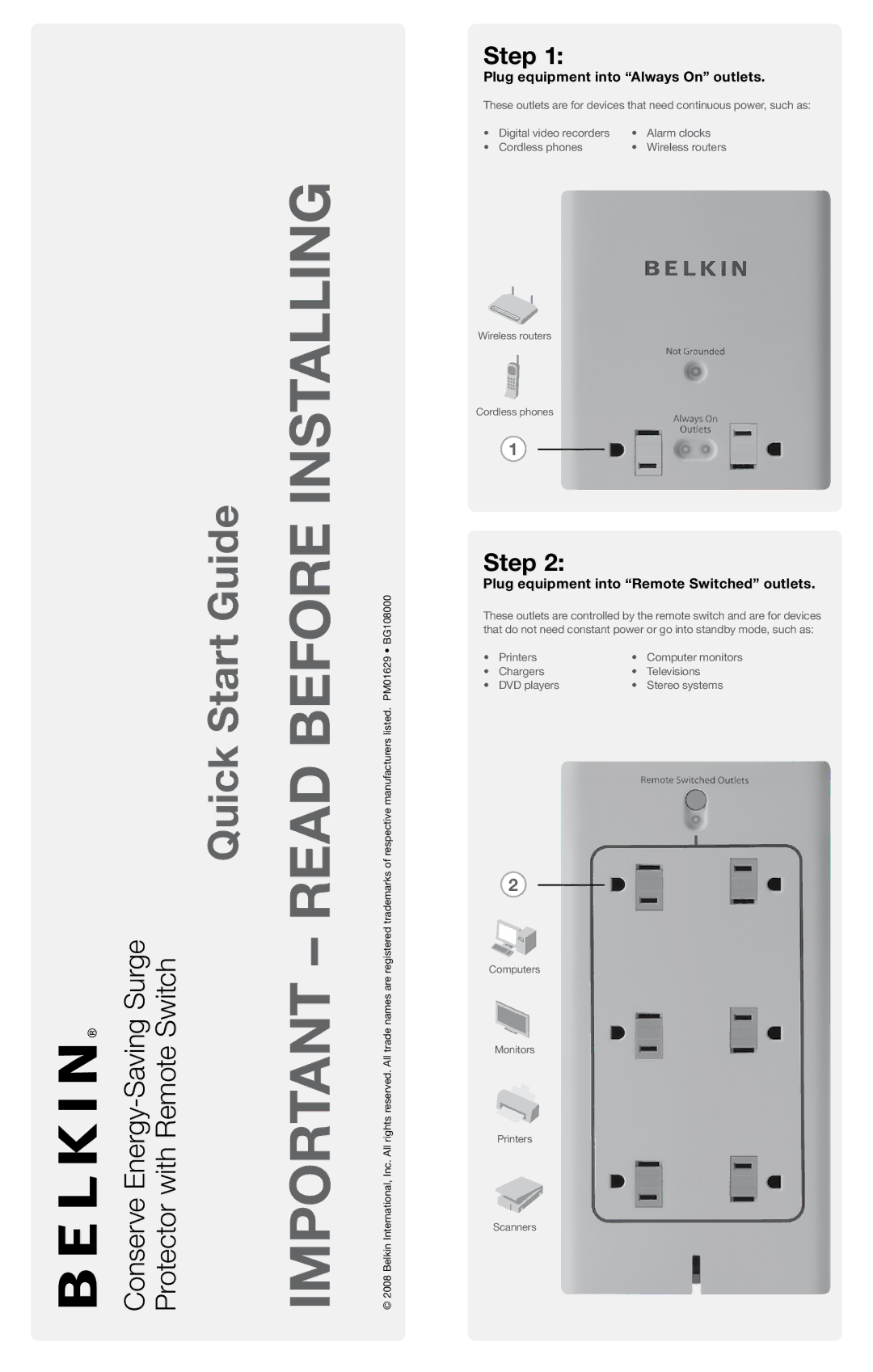 Belkin BG108000-04 quick start Read Before Installing, Step, Plug equipment into Always On outlets 