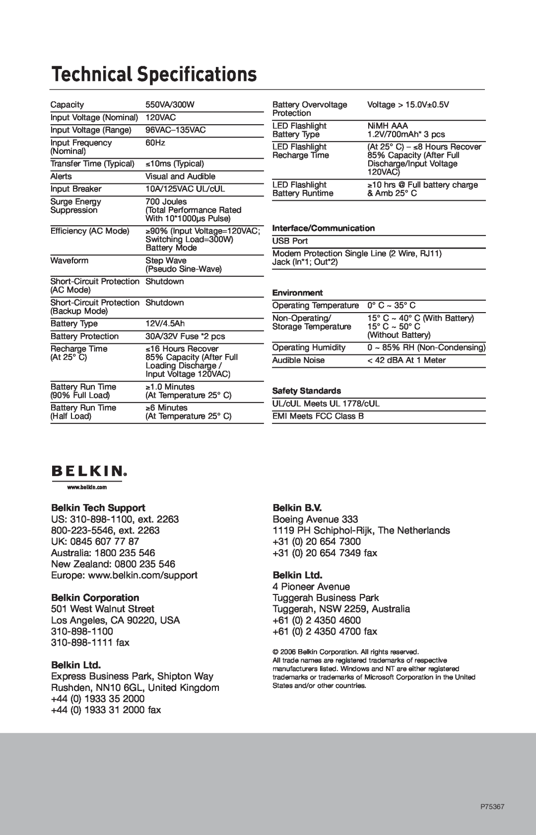Belkin BU305500-USB user manual Technical Specifications, Belkin Tech Support, Belkin B.V, Belkin Corporation 