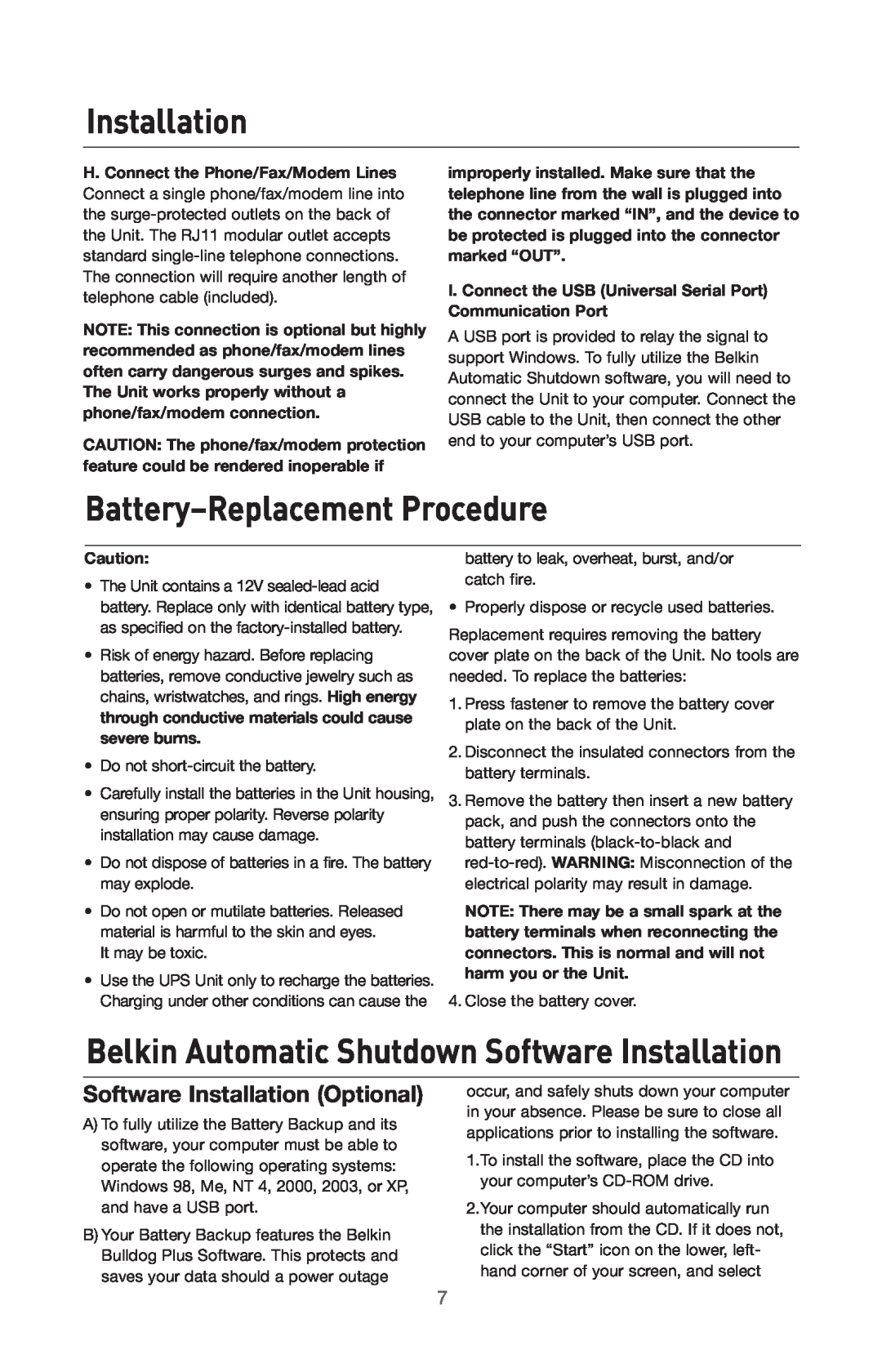 Belkin BU305500-USB user manual Battery-Replacement Procedure, Belkin Automatic Shutdown Software Installation 