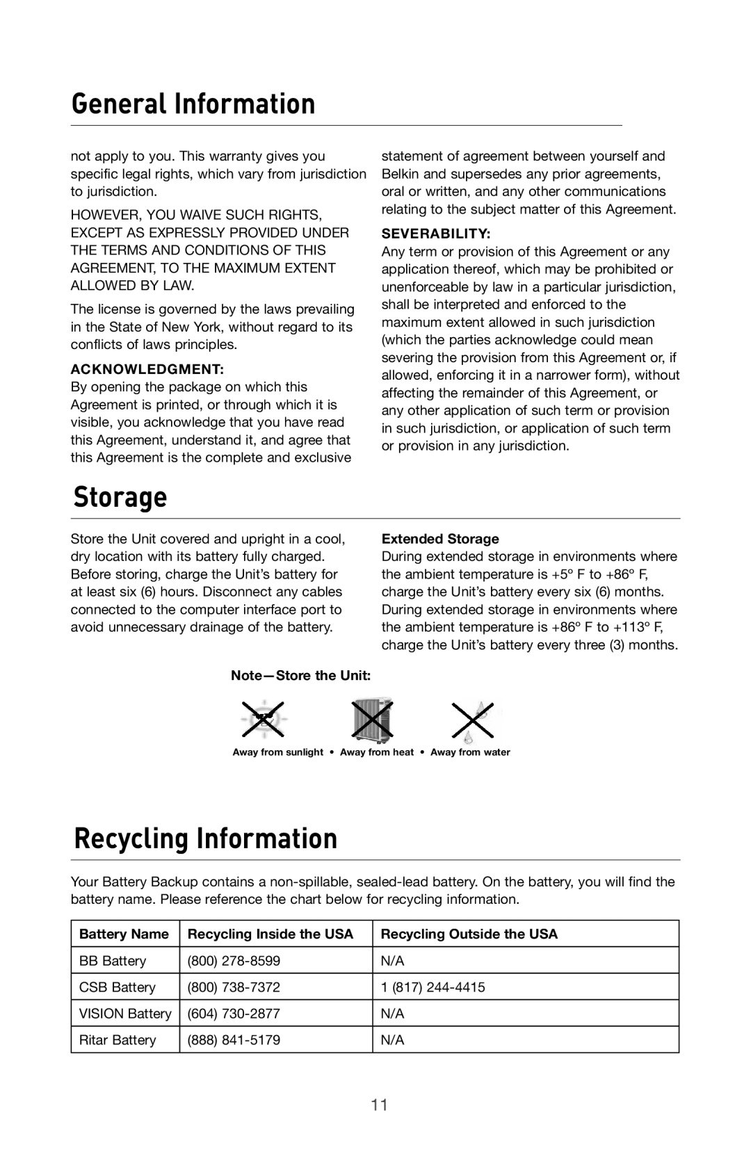 Belkin BU305500-USB user manual Recycling Information, Extended Storage, Battery Name Recycling Inside the USA 