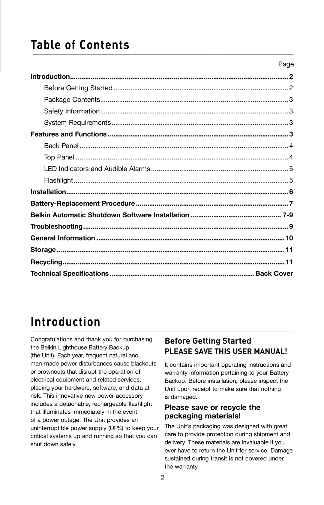 Belkin BU305500-USB user manual Table of Contents, Introduction 