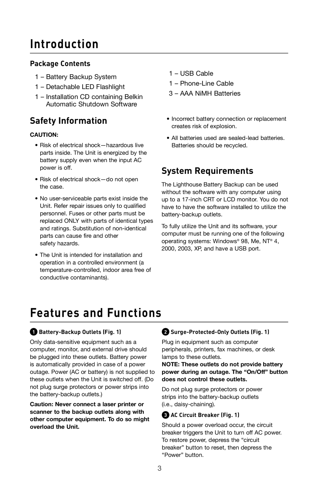 Belkin BU305500-USB user manual Features and Functions, Safety Information, System Requirements 